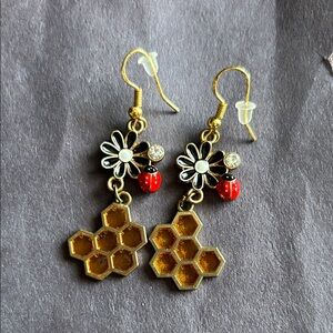 Gold Honeycomb Earrings with Floral Accents